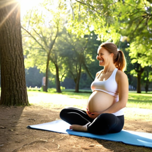 Home 21 **Image Prompt:** A pregnant woman in comfortable athletic wear doing prenatal yoga outdoors in a park. Sunlight filters through the trees. She is smiling serenely. A water bottle sits nearby. Emphasis on a calm, healthy lifestyle. Soft, natural lighting.