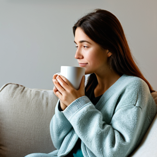 Home 20 A new mother, in her late 20s, sitting comfortably on a plush sofa in a softly lit living room, gently holding a warm mug. Her expression is serene and slightly tired, conveying a moment of quiet reflection and self-care. She is fully clothed in modest, comfortable loungewear, appropriate attire. The room is cozy and organized, with a soft blanket draped over the sofa. Professional photography, soft ambient lighting, high quality, perfect anatomy, correct proportions, well-formed hands, proper finger count, natural body proportions, safe for work, appropriate content, family-friendly.