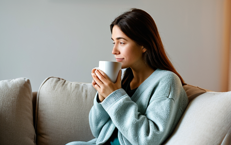 A new mother, in her late 20s, sitting comfortably on a plush sofa in a softly lit living room, gently holding a warm mug. Her expression is serene and slightly tired, conveying a moment of quiet reflection and self-care. She is fully clothed in modest, comfortable loungewear, appropriate attire. The room is cozy and organized, with a soft blanket draped over the sofa. Professional photography, soft ambient lighting, high quality, perfect anatomy, correct proportions, well-formed hands, proper finger count, natural body proportions, safe for work, appropriate content, family-friendly.