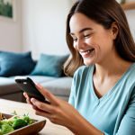 **A woman using a fertility tracking app on her smartphone in a cozy living room, surrounded by healthy food. She is smiling and relaxed. Fully clothed, modest attire, appropriate content, safe for work, professional, perfect anatomy, natural pose, well-formed hands, proper finger count, natural body proportions.**