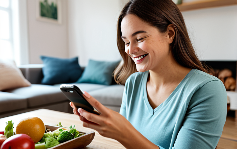 **A woman using a fertility tracking app on her smartphone in a cozy living room, surrounded by healthy food. She is smiling and relaxed. Fully clothed, modest attire, appropriate content, safe for work, professional, perfect anatomy, natural pose, well-formed hands, proper finger count, natural body proportions.**