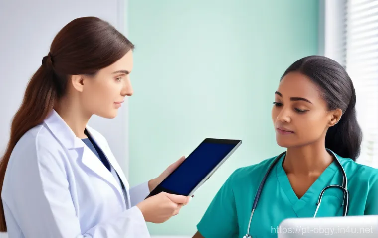 자궁경부 이형성증 검사와 치료 병원 - **Prompt: A serene and informative medical consultation between a kind, experienced female doctor an...