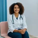 골반염 원인과 산부인과 치료법 - "A young Brazilian woman in her mid-20s, with a warm and reassuring smile, is seated fully clothed i...