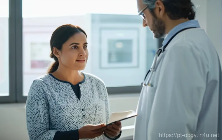 고령 산모를 위한 필수 검사 리스트 - **A Primeira Consulta: O Altar da Tranquilidade**
    A warm and reassuring scene of a first prenata...