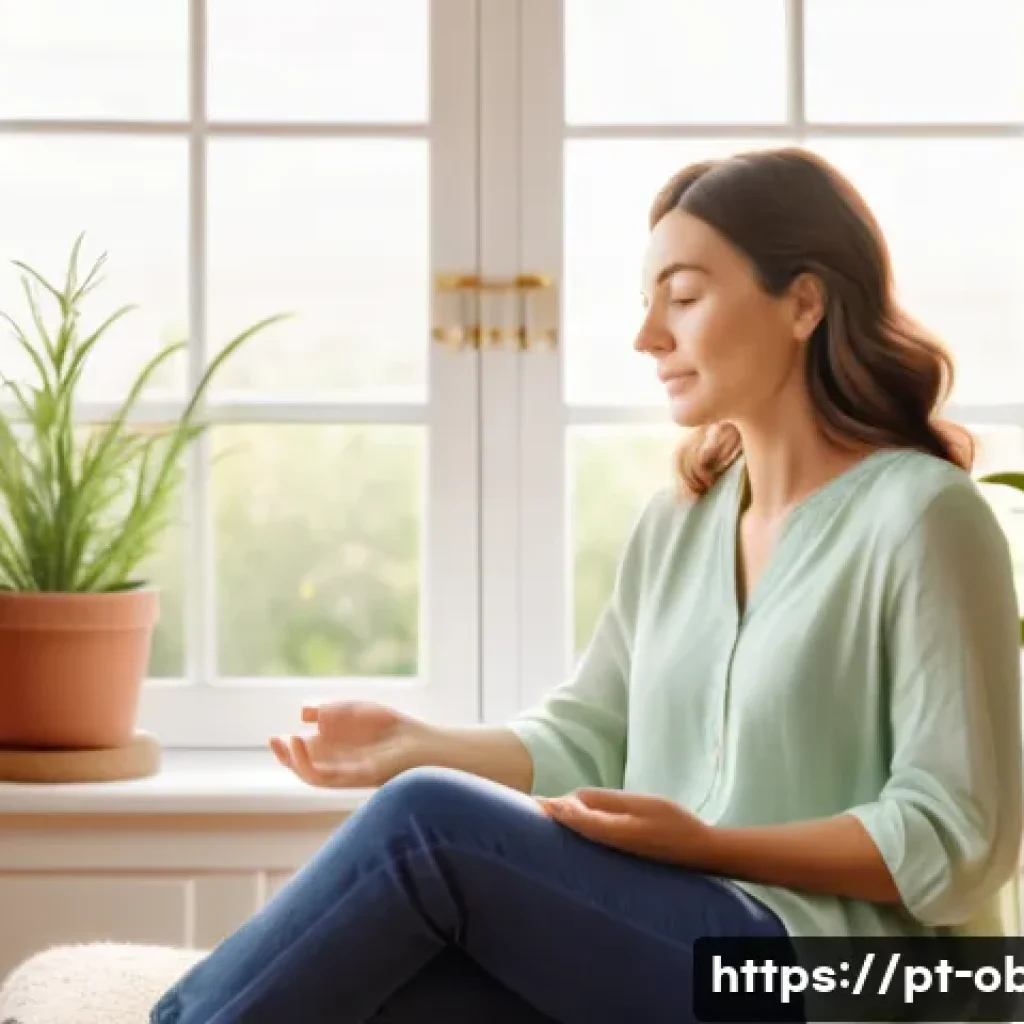 출산 후 탈모의 원인과 예방 방법 - A serene postpartum mother sitting comfortably in a bright, cozy living room, gently massaging her s...