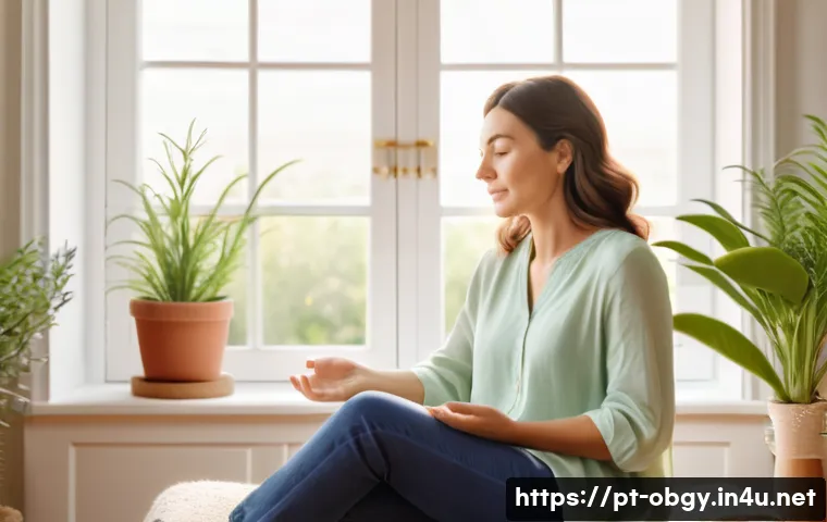 출산 후 탈모의 원인과 예방 방법 - A serene postpartum mother sitting comfortably in a bright, cozy living room, gently massaging her s...