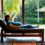 임신 중 자궁수축 증상과 관리법 - A serene and warm scene of a pregnant woman in her late second trimester sitting comfortably on a co...