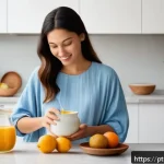 임신 초기 입덧 완화 방법 - A cozy kitchen scene in a modern Brazilian home with a pregnant woman in comfortable, modest clothin...