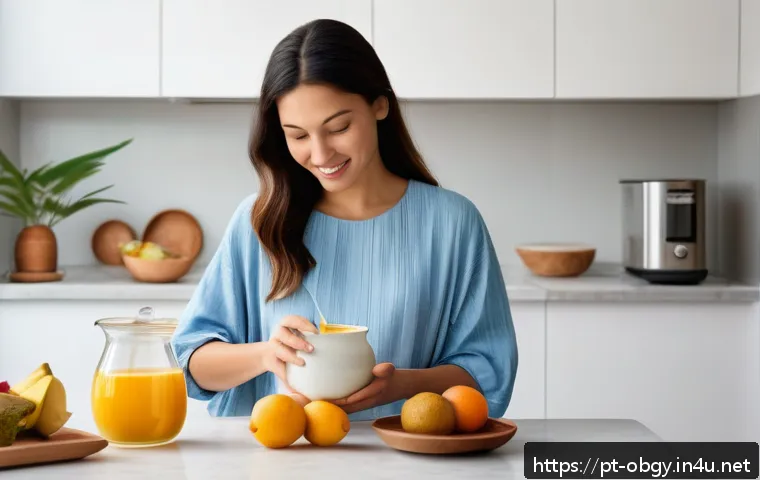 임신 초기 입덧 완화 방법 - A cozy kitchen scene in a modern Brazilian home with a pregnant woman in comfortable, modest clothin...