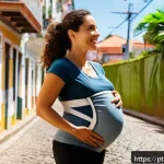 임신 중 허리 지지대를 사용하는 이유 - A pregnant woman in her third trimester wearing a comfortable, breathable maternity lumbar support b...