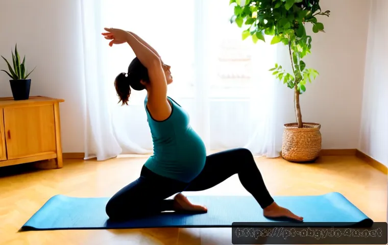 출산 전 요가와 필라테스 효과 - Photorealistic prenatal yoga scene in a bright, peaceful Portuguese apartment, pregnant woman in com...